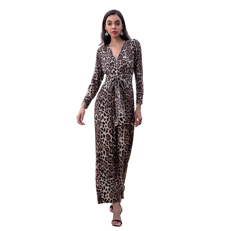 JJparty-R171 Women leopard print long sleeves flare leg jumpsuit