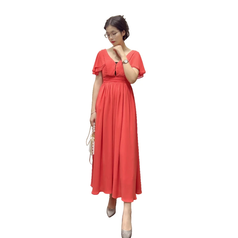 JJparty-D416 Women solid V-neck butterfly sleeves pintuck-detail flared midi dress