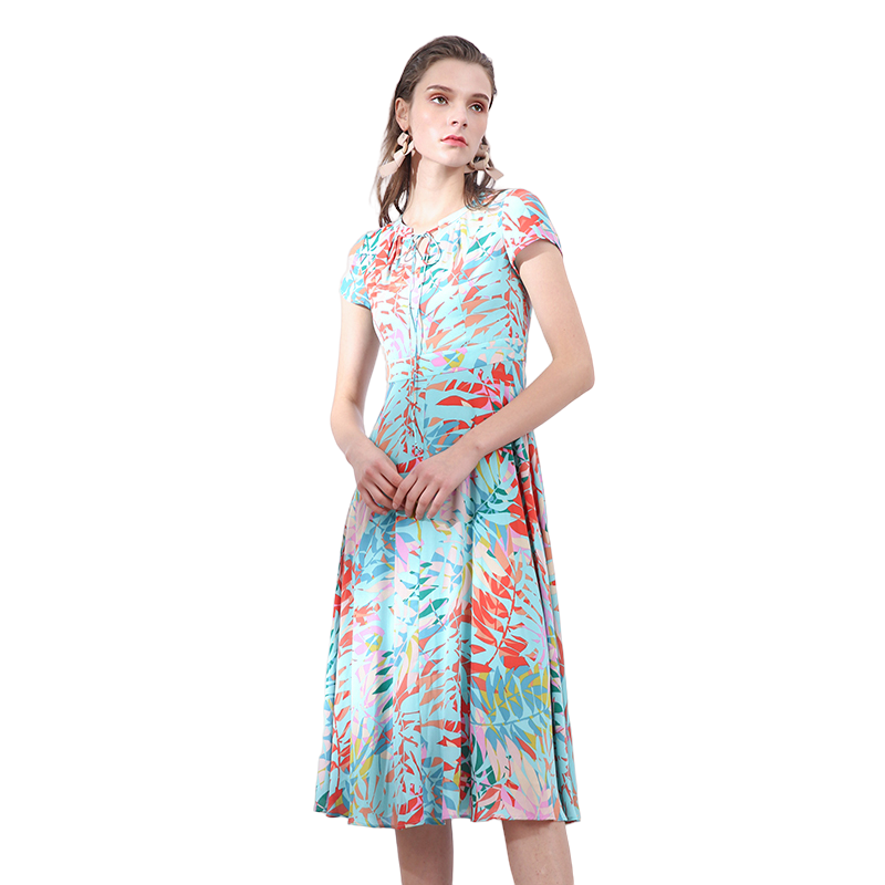 JJparty-H628-1 Women polyester print round neck cap sleeves flared midi dress