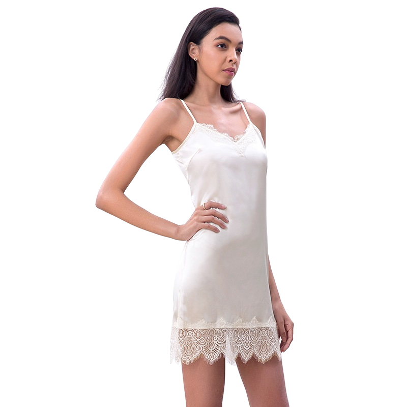 JJparty-D100 Women solid satin lace trimmed strappy mini slip dress