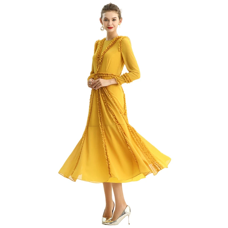 JJparty-D084 Women solid chiffon three quarters sleeves ruffle detailed midi party dress