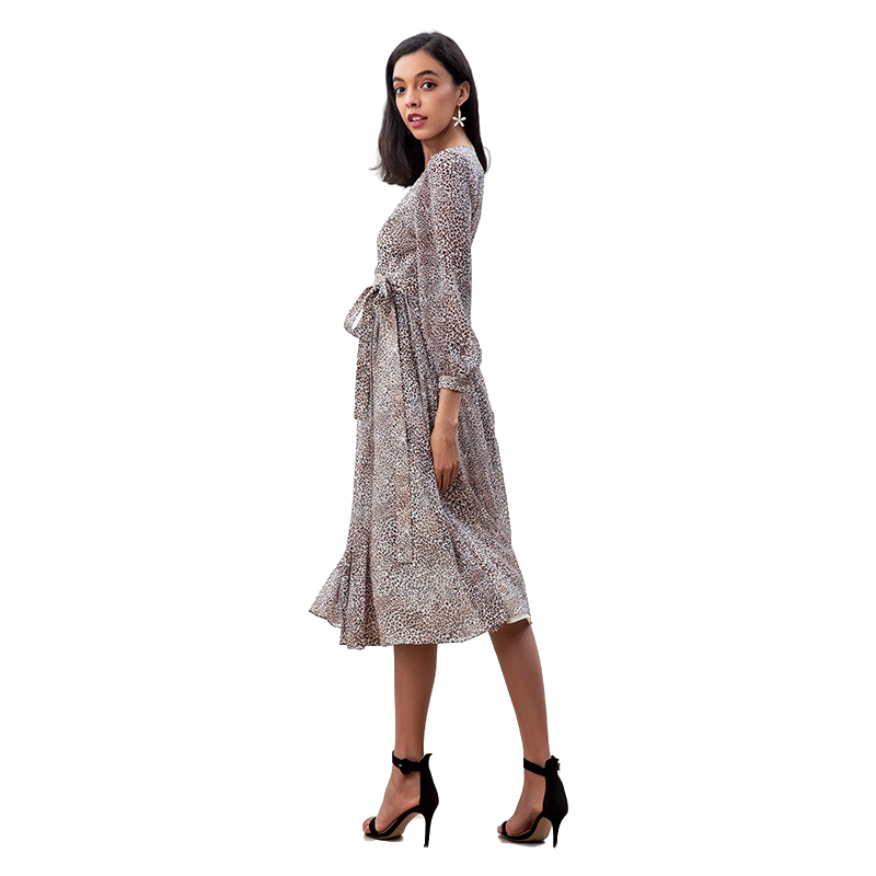 JJparty-D265 Women leopard print chiffon long puff sleeves wrap design pleated midi dress