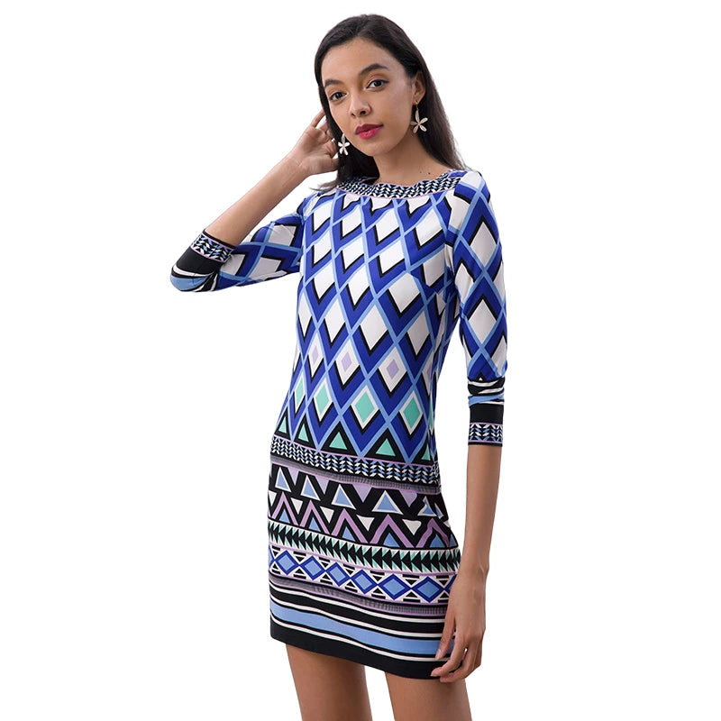 JJparty-D079 Women geometric print boat neck three quarter sleeves mini day dress