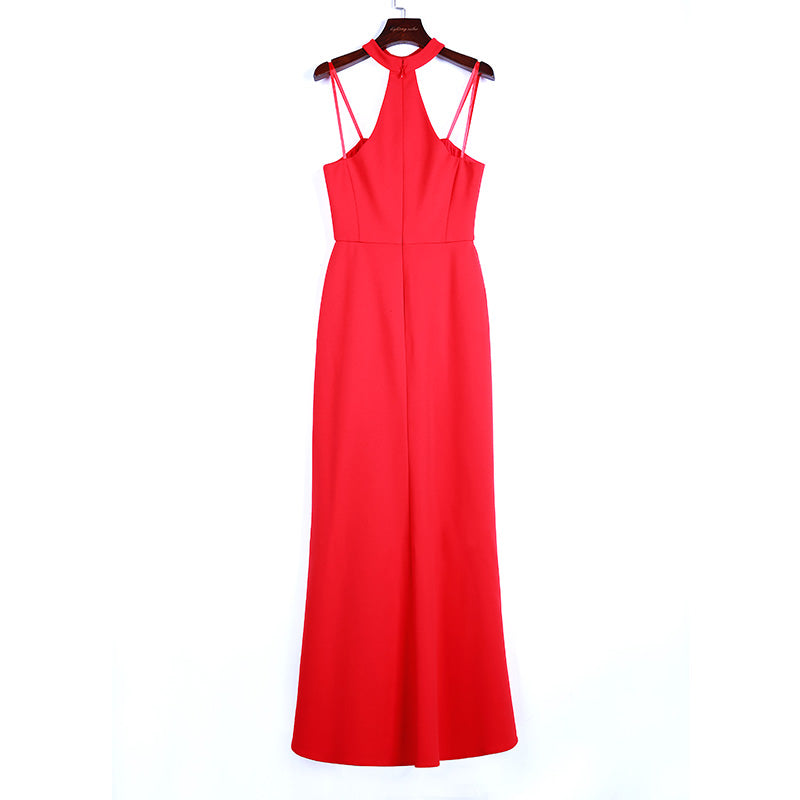 JJparty-8N67 Women solid strapless halter back maxi evening dress