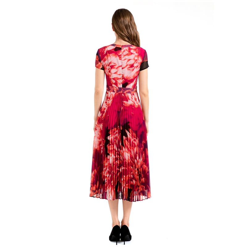 JJparty-D114 Women flower print chiffon cap sleeves pleated midi day dress