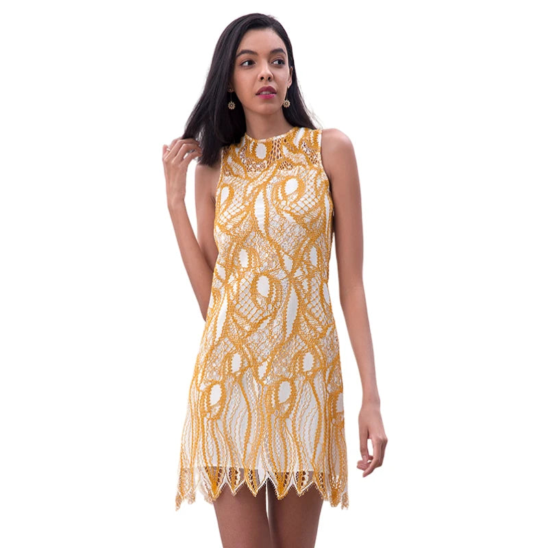 JJparty-D097-1 Women fashion eyelash lace sleeveless fitted day and party mini dress