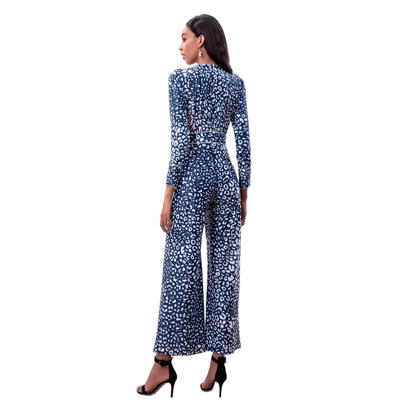 JJparty-R171-2 Women animal print long sleeves flare leg jumpsuit