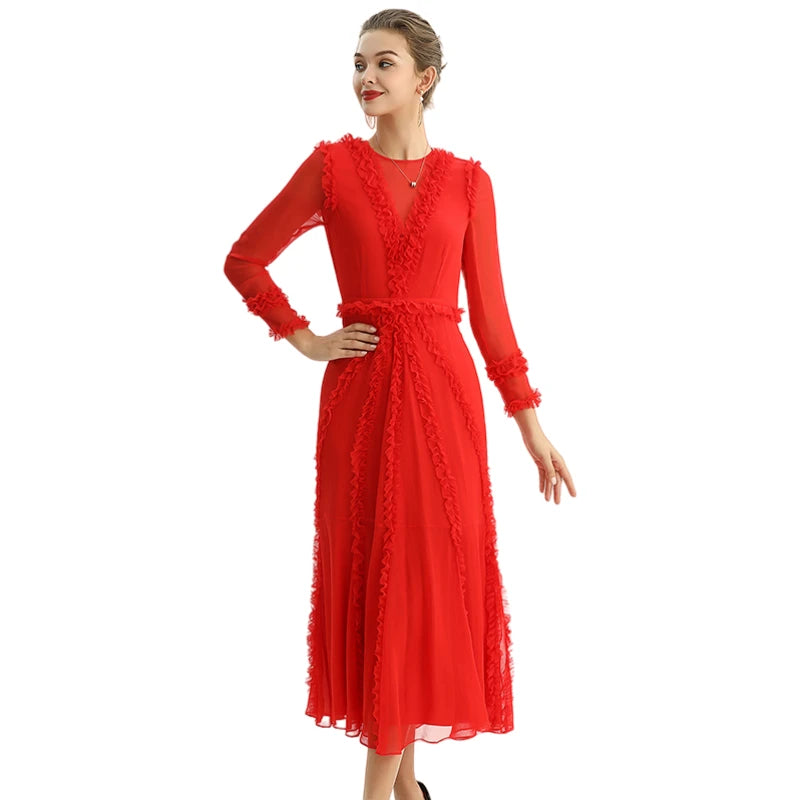 JJparty-D084 Women solid chiffon three quarters sleeves ruffle detailed midi party dress