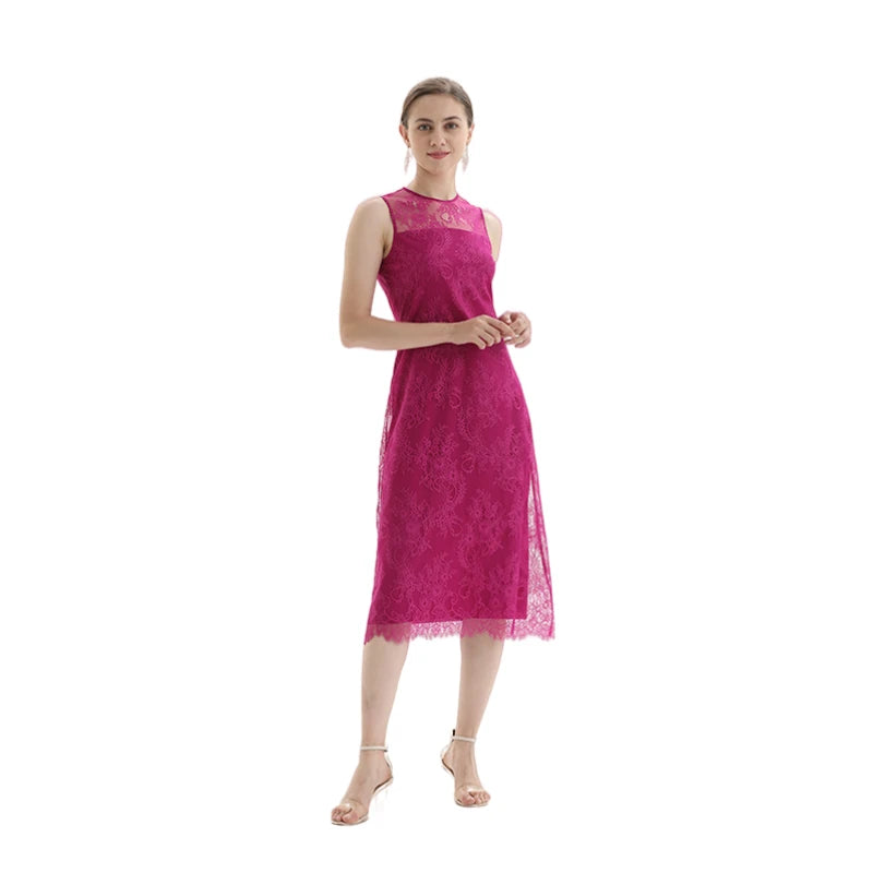 JJparty-D098-5 Women Floral eyelash lace sleeveless straight-cut party midi dress