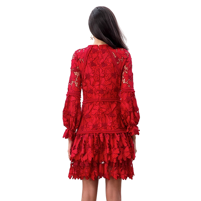 JJparty-D271 Women cut out embroidery long puff sleeves ruffle-tiered evening mini dress