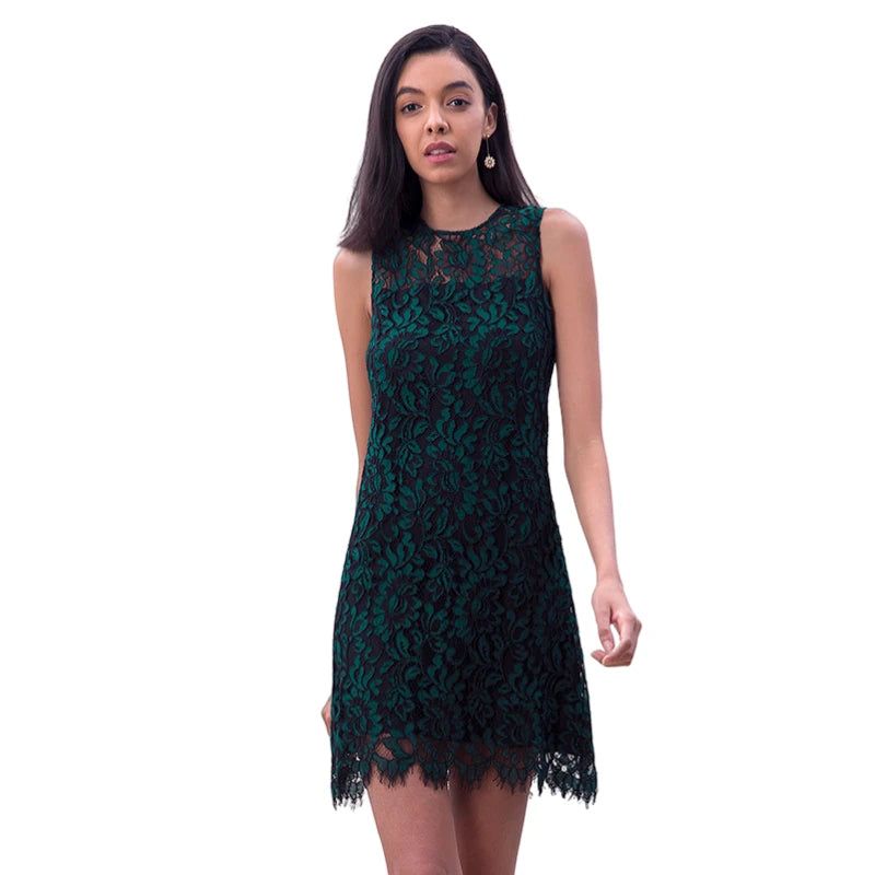 JJparty-D097-4 Women floral leaf eyelash lace sleeveless fitted day and party mini dress