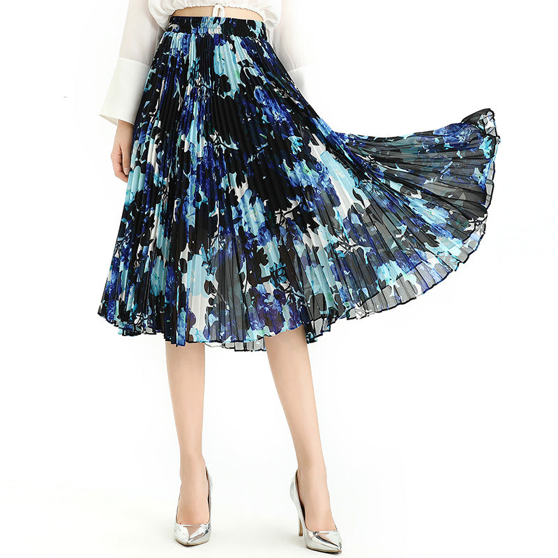 JJparty-S076-2 Women floral print chiffon pleated casual midi skirt