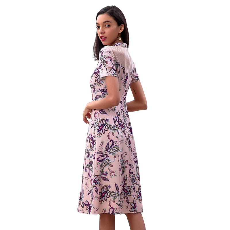 JJparty-D222 Women paisley print rolled collar A-line day dress