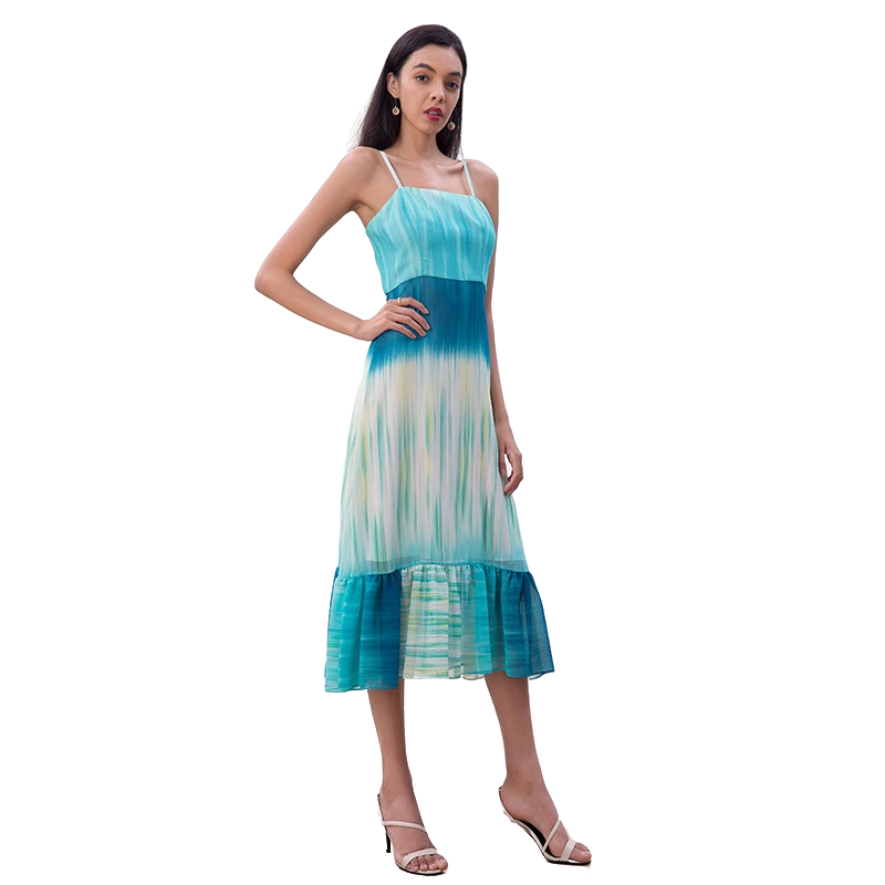JJparty-D261 Women Tie-dye print strappy flared tiered ruffle midi dress