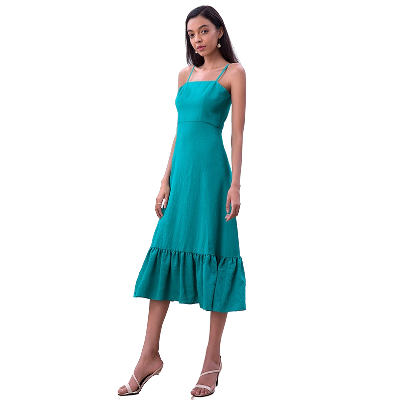 JJparty-D261-2 Women solid strappy tiered ruffle flared midi party dress