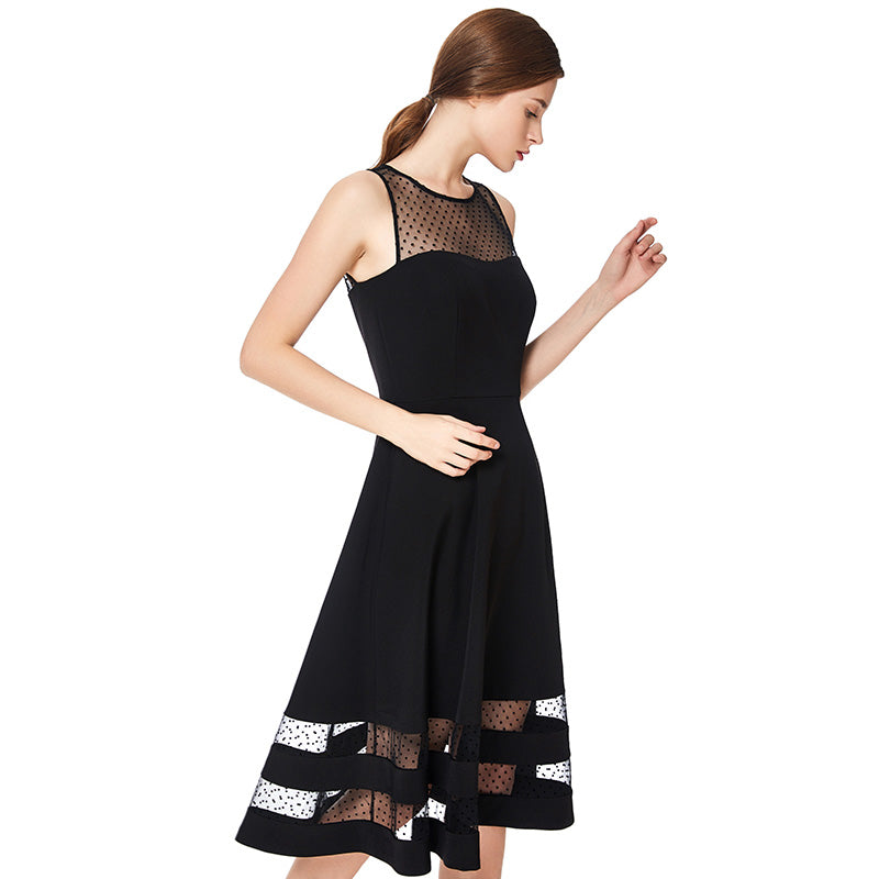 JJparty-D031 Women solid sleeveless swiss dot tulle-panel flared midi party dress
