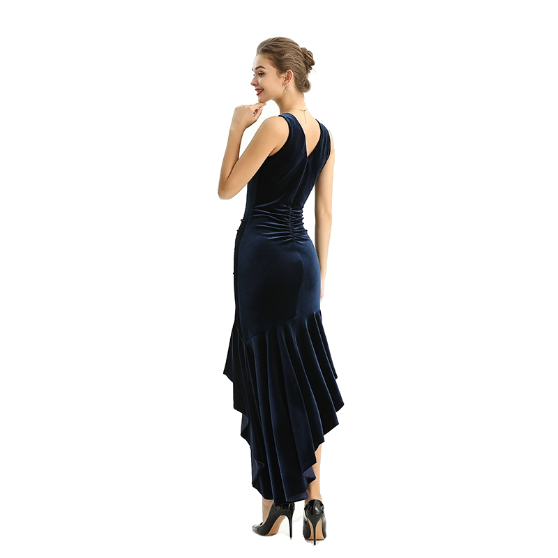 JJparty-D169 Women velvet knit v neck ruched-detail fluted asymmetric hem evening dress