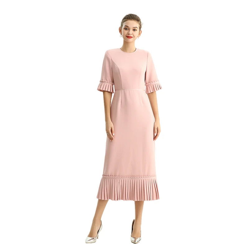 JJparty-D095-1 Women polyester crepe short sleeves ruffle detailed straight-cut midi dress