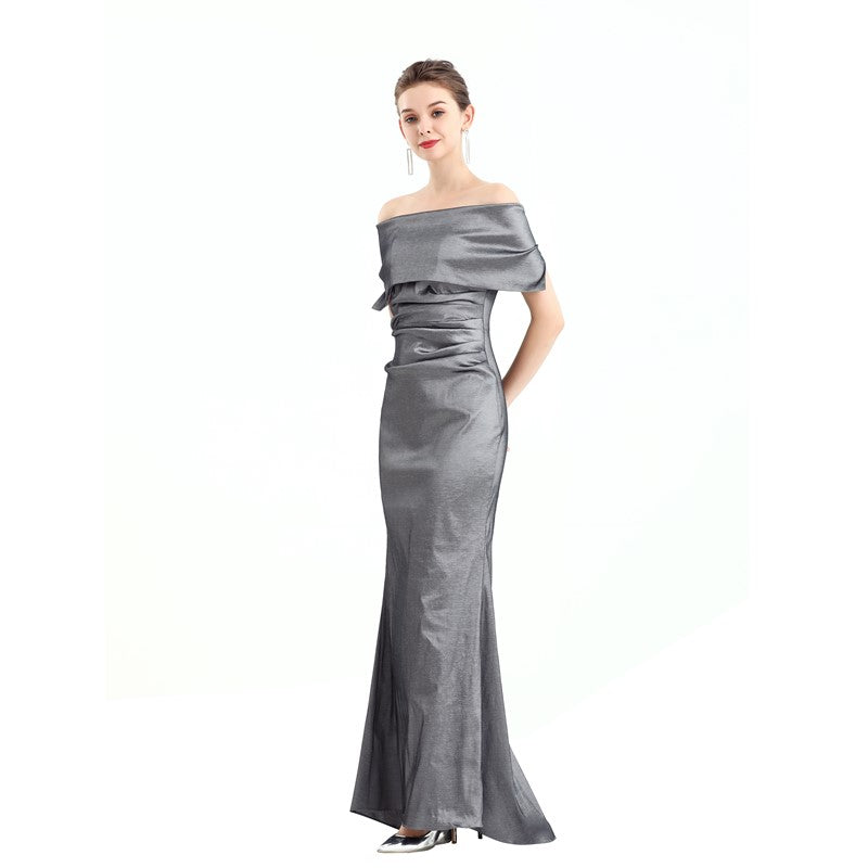 JJparty-D111 Women solid off shoulder draped detailing fitted mermaid maxi evening dress