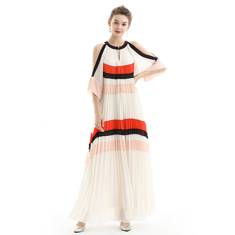 JJparty-D074 Women color block cut out shoulder three-quarter sleeves pleated maxi evening dress