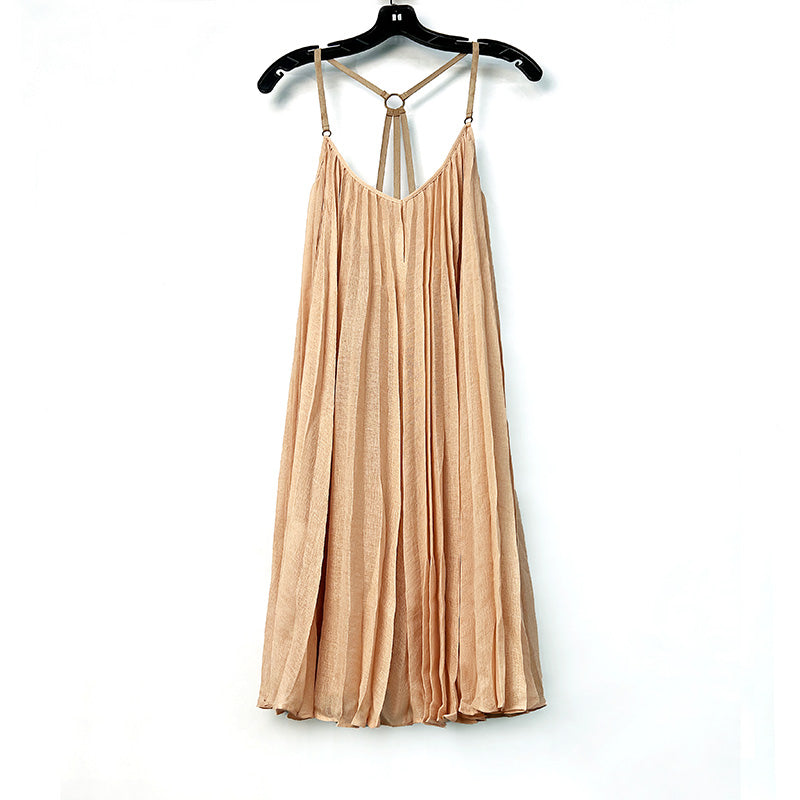 JJparty-9D51 Women solid gauze V-neck backless strappy pleated mini dress