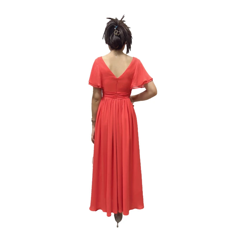 JJparty-D416 Women solid V-neck butterfly sleeves pintuck-detail flared midi dress