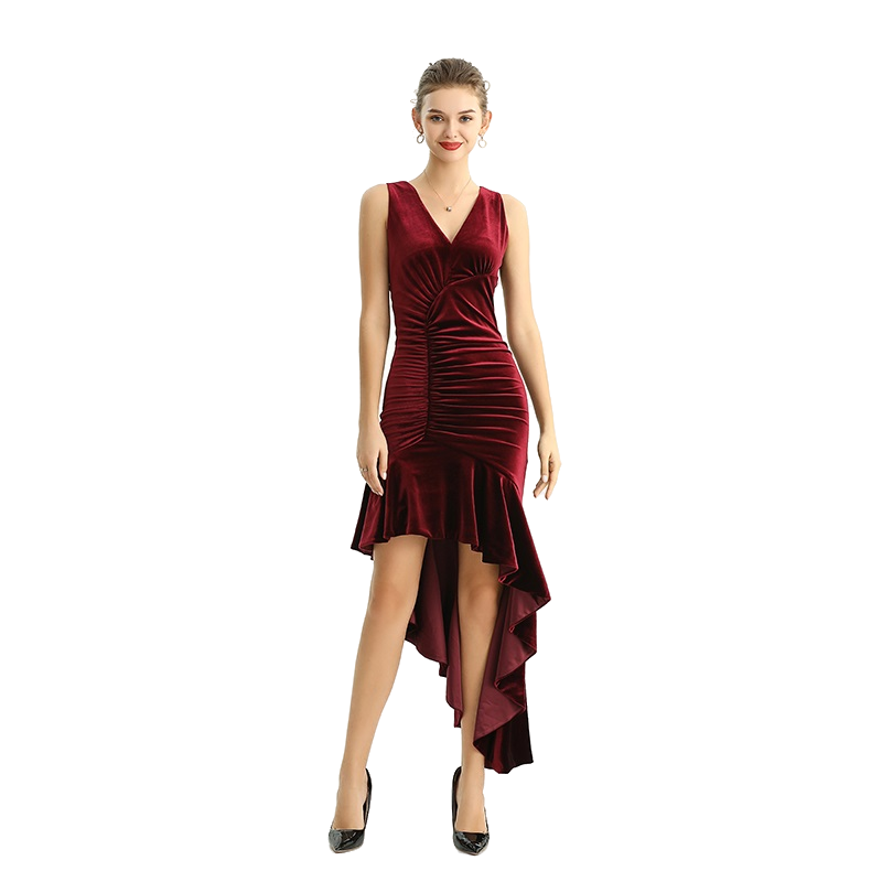 JJparty-D169 Women velvet knit v neck ruched-detail fluted asymmetric hem evening dress