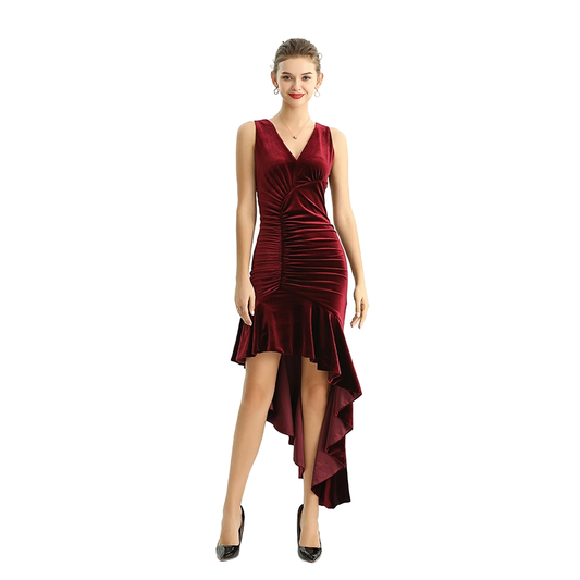 JJparty-D169 Women velvet knit v neck ruched-detail fluted asymmetric hem evening dress