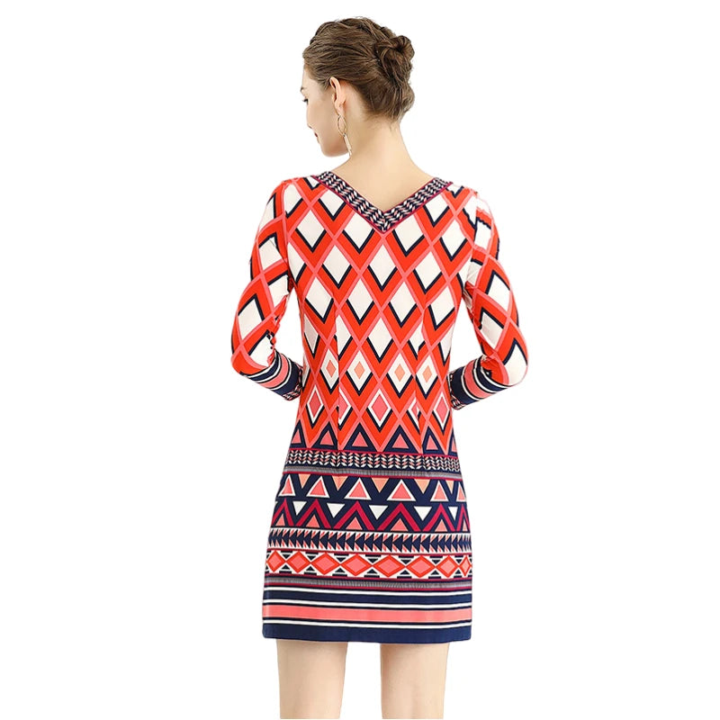 JJparty-D079 Women geometric print boat neck three quarter sleeves mini day dress