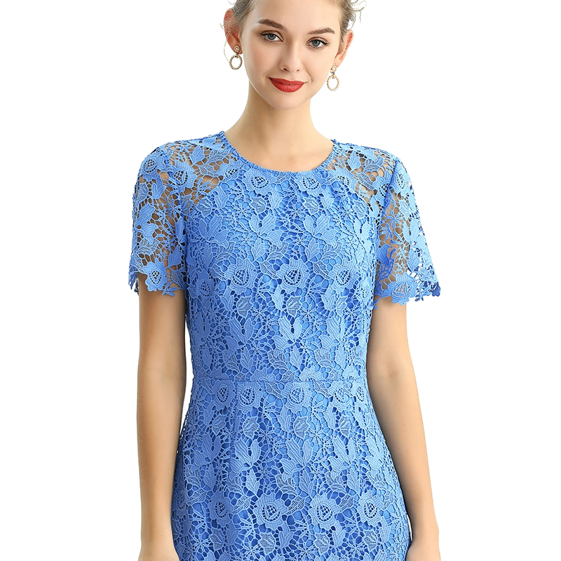 JJparty-D190 Women floral Macramé lace short sleeves straight-cut day and party midi dress