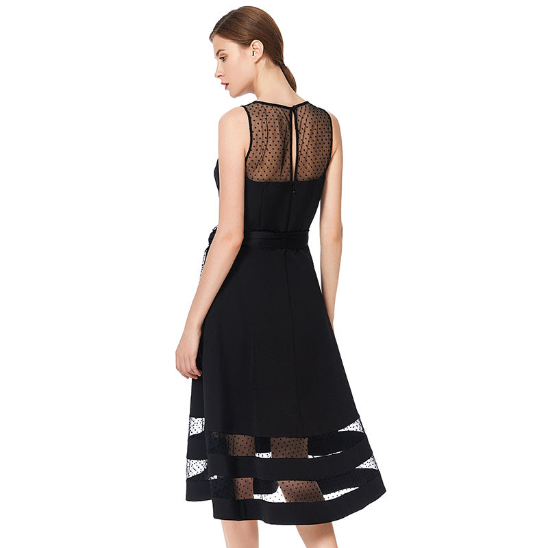 JJparty-D031 Women solid sleeveless swiss dot tulle-panel flared midi party dress