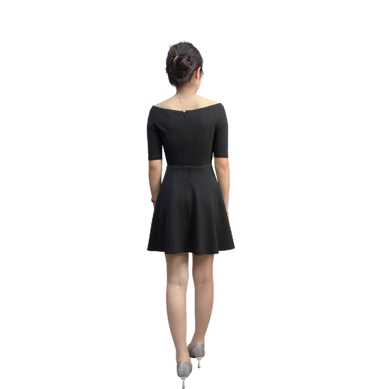 JJparty-D413 Women solid short sleeve boat neck flared mini dress