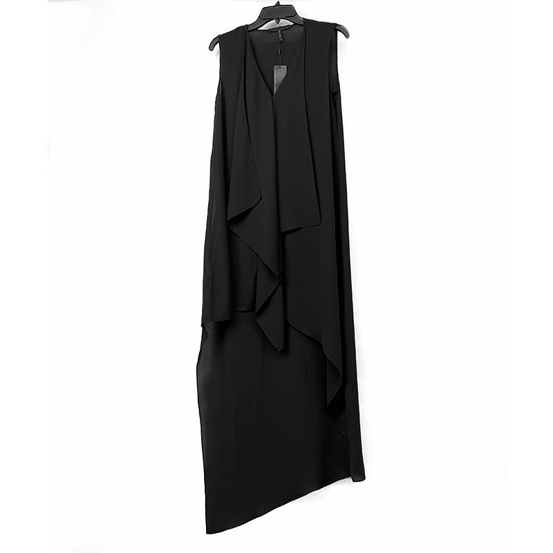 JJparty-8A59 Women solid V-neck front drape high-low design asymmetric hem day dress