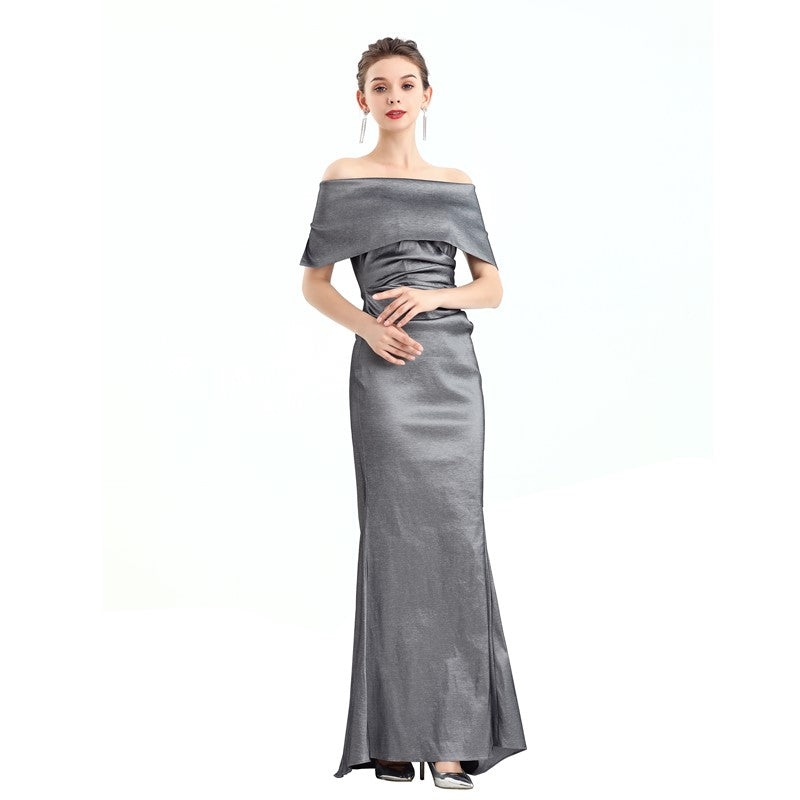 JJparty-D111 Women solid off shoulder draped detailing fitted mermaid maxi evening dress