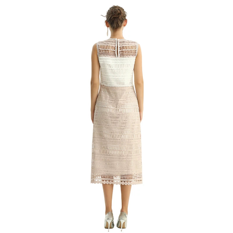 JJparty-D115 Women macramé lace-panelled sleeveless day and party midi dress