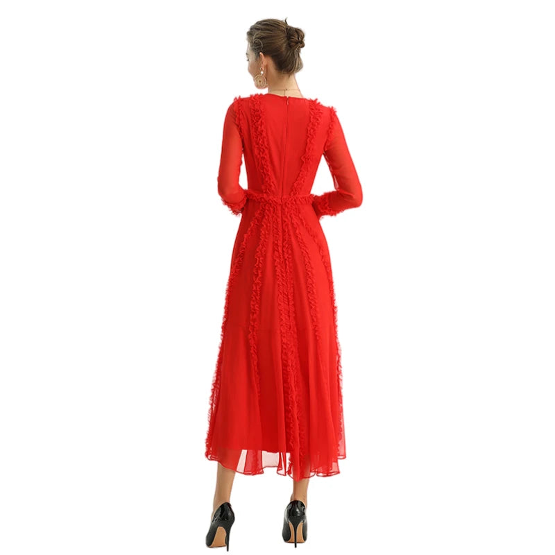 JJparty-D084 Women solid chiffon three quarters sleeves ruffle detailed midi party dress