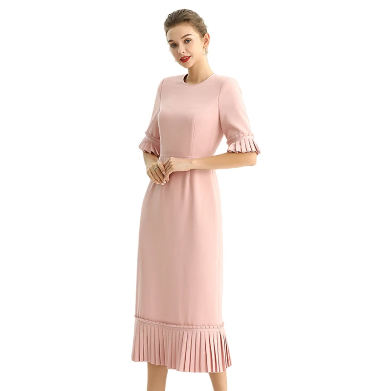 JJparty-D095-1 Women polyester crepe short sleeves ruffle detailed straight-cut midi dress