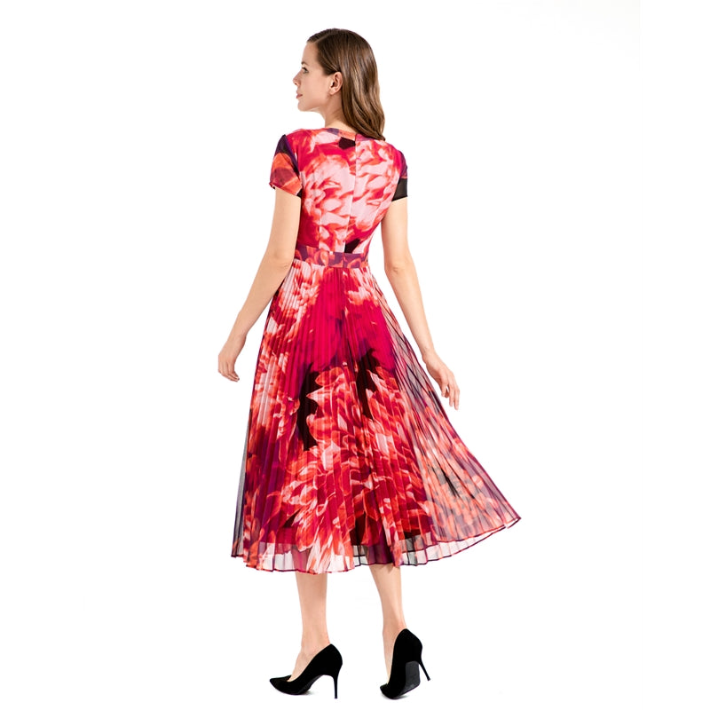 JJparty-D114 Women flower print chiffon cap sleeves pleated midi day dress