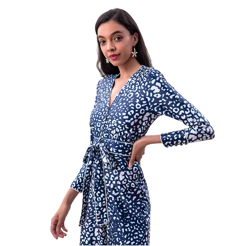 JJparty-R171-2 Women animal print long sleeves flare leg jumpsuit