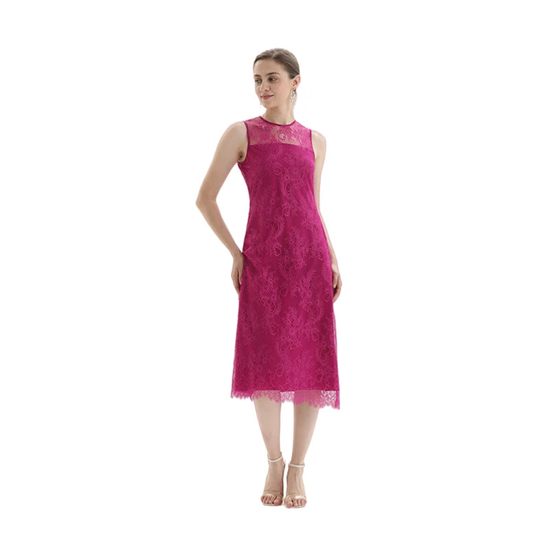 JJparty-D098-5 Women Floral eyelash lace sleeveless straight-cut party midi dress