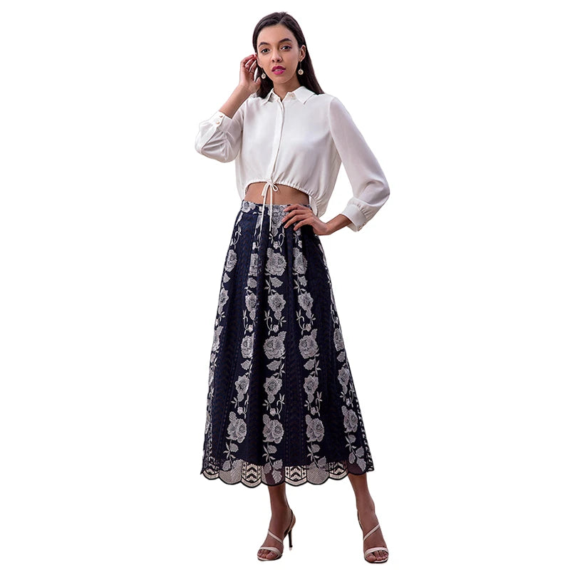 JJparty-S127-1 Women Roses embroidered mesh scallop hem A-line midi skirt