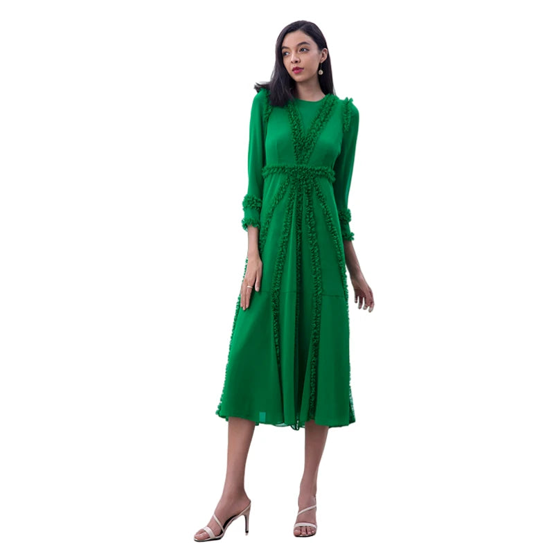 JJparty-D084 Women solid chiffon three quarters sleeves ruffle detailed midi party dress