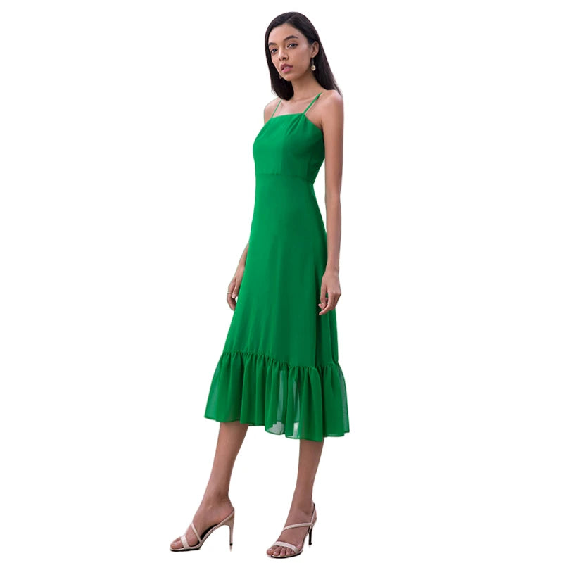 JJparty-D261-1 Women solid chiffon strappy tiered ruffle flared midi party dress