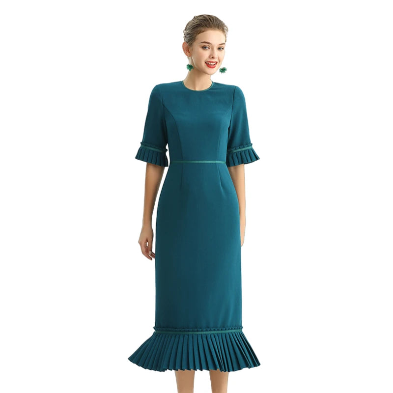 JJparty-D095-1 Women polyester crepe short sleeves ruffle detailed straight-cut midi dress