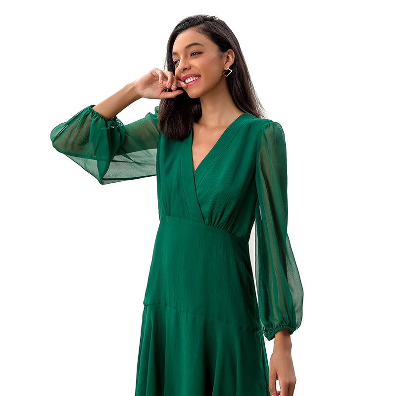 JJparty-D272 Women silk crinkle chiffon long puff sleeves flounced mini dress