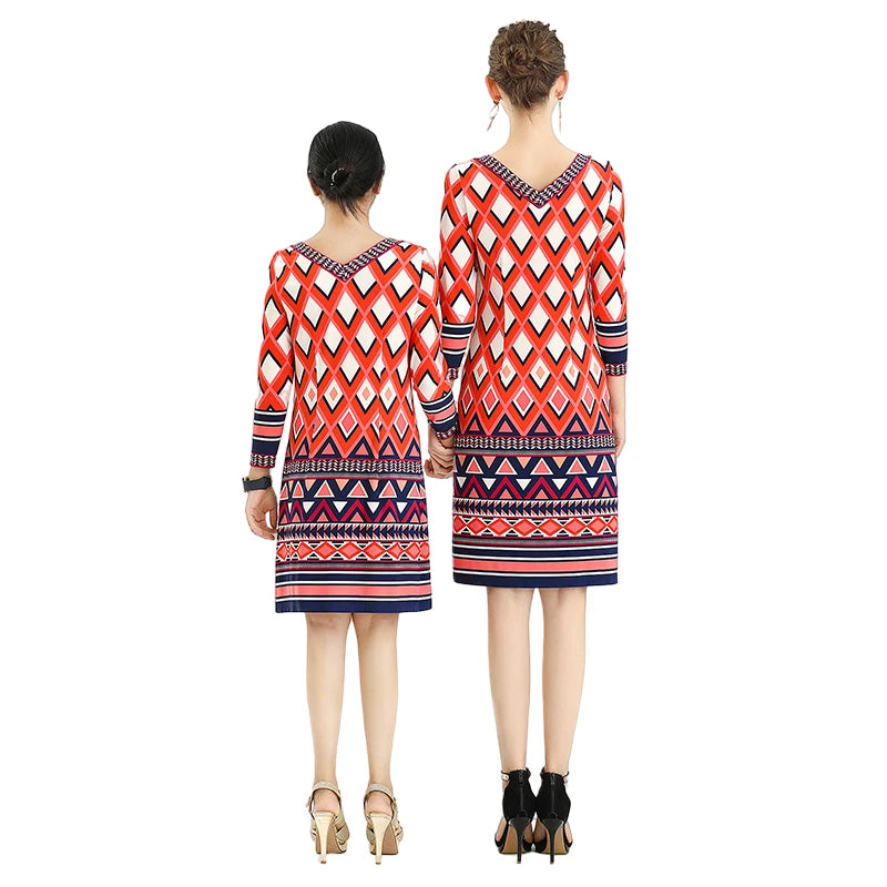 JJparty-D090 Women geometric print boat neck three quarter sleeves mini day dress