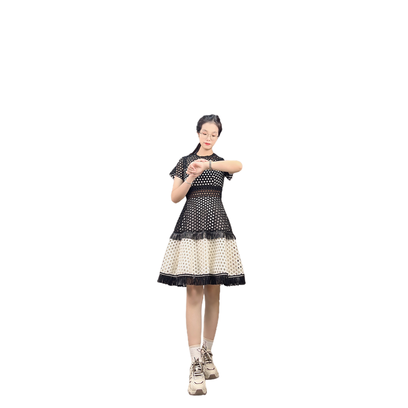 JJparty-D415 Women macramé lace short sleeves tiered design flared mini dress