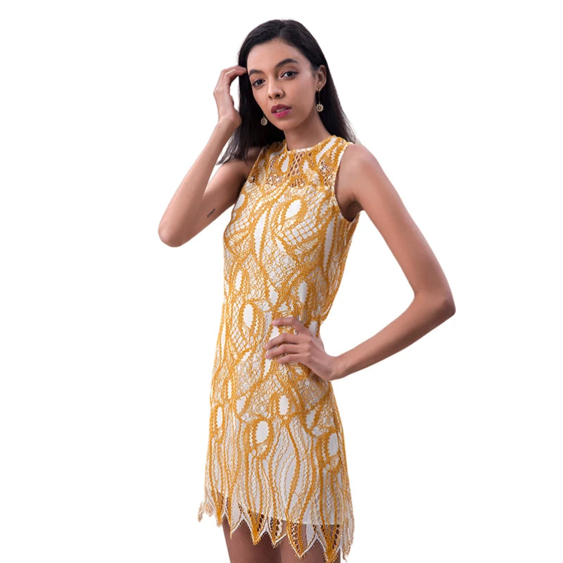 JJparty-D097-1 Women fashion eyelash lace sleeveless fitted day and party mini dress