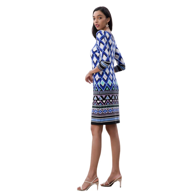 JJparty-D090 Women geometric print boat neck three quarter sleeves mini day dress