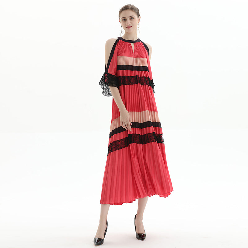 JJparty-D074 Women color block cut out shoulder three-quarter sleeves pleated maxi evening dress